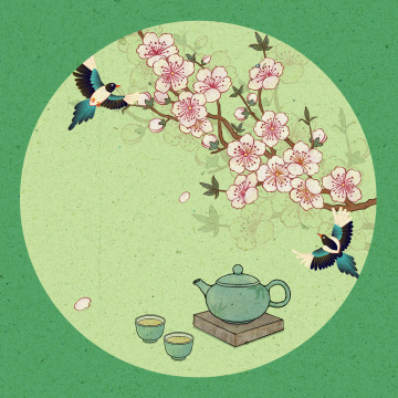 桃花喜鹊春天七夕茶壶插画
