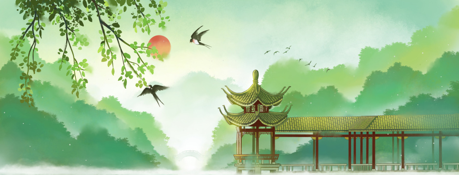 西湖古亭春雨古风手绘插画