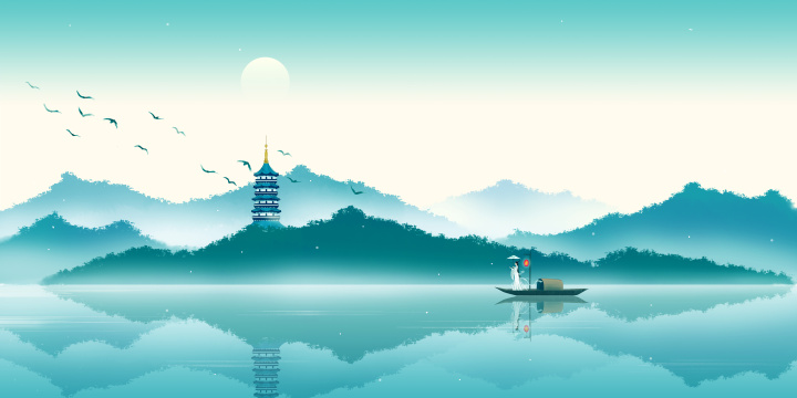 春天西湖雷峰塔山水中国风插画