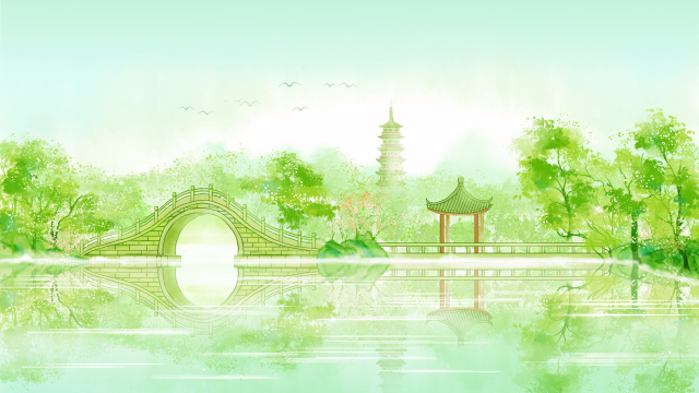 古风雨天户外园林插画