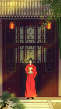 中式园林雨景古风手绘插画
