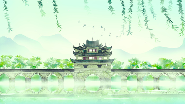 中国云南省红河州双龙桥古风手绘插画