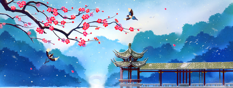 冬天梅花西湖古建筑小雪国风插画