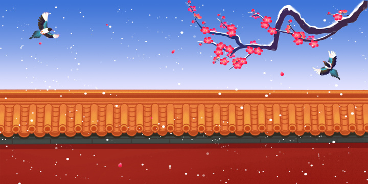 红梅花喜鹊故宫红墙冬天落雪古风插画