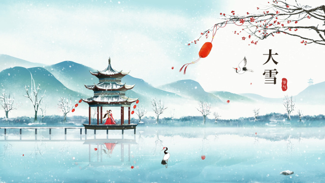 冬天梅花亭台雪景手绘中国风插画