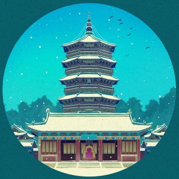 山西应县木塔冬天雪景国风插画