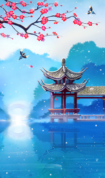 冬天梅花西湖古建筑小雪国风插画