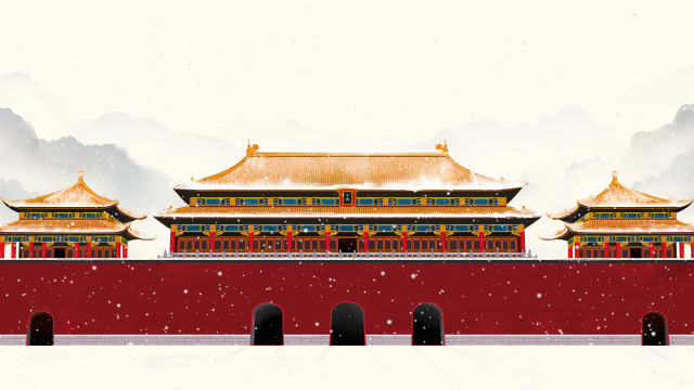 唯美故宫雪景中国风手绘水墨画