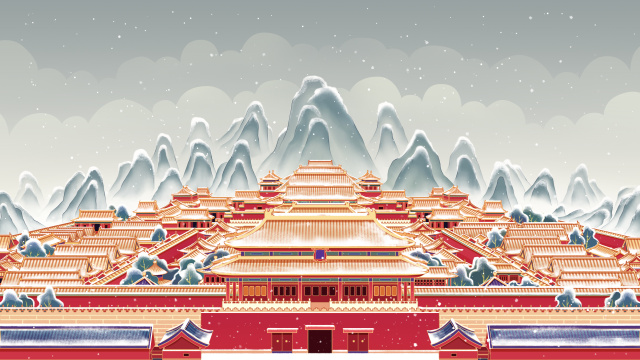 中国风冬天故宫插画