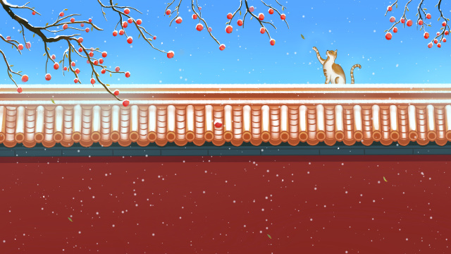 故宫红墙柿子雪景中国风插画