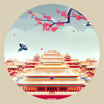 红梅花喜鹊故宫红墙冬天落雪古风插画