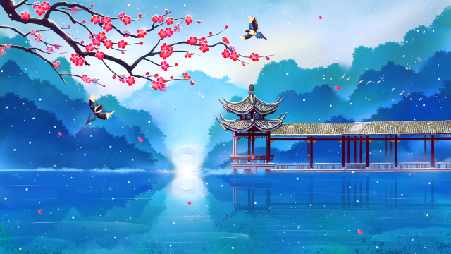 冬天梅花西湖古建筑小雪国风插画