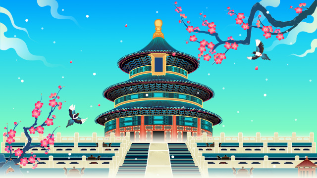 中国风天坛梅花雪景插画