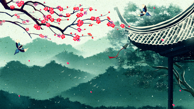 冬日梅花古亭古风山川中国画插画