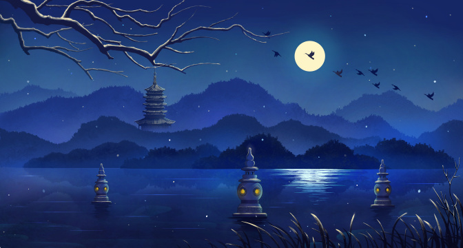 冬天西湖雷峰塔三潭印月夜色雪景古风插画