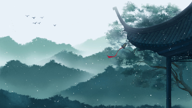 冬天古风亭子山川插画