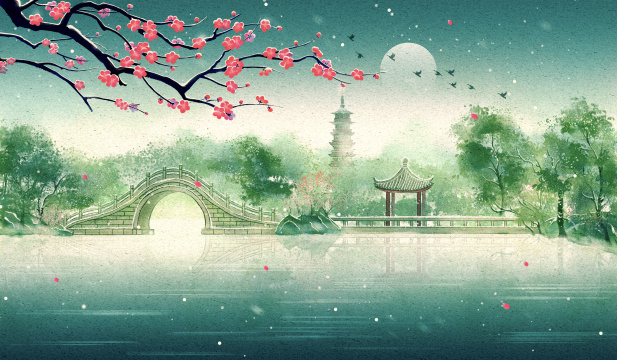 扬州瘦西湖冬日雪景梅花古风插画