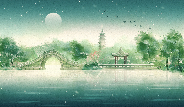 扬州瘦西湖冬日雪景古风插画