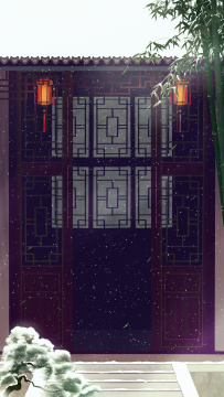 中国风冬天户外古建筑手绘插画