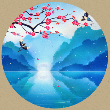 冬天梅花西湖古建筑小雪国风插画