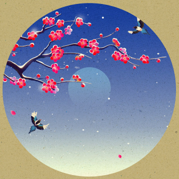 红梅花喜鹊冬天落雪古风插画