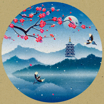 杭州西湖冬天雪花梅花古风插画
