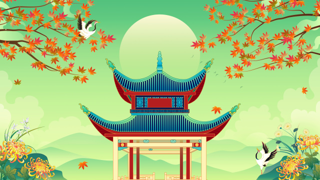 长沙爱晚亭枫叶菊花秋天节气插画