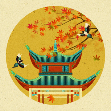 秋天枫叶喜鹊长沙爱晚亭中国风插画