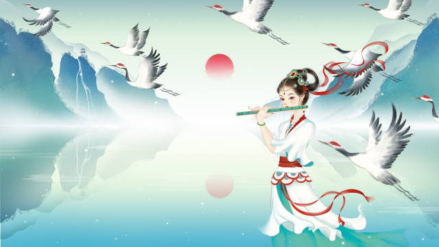 飞鹤中仙女吹笛中国风手绘插画