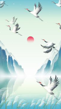 唯美飞鹤芦苇中国风手绘山水画