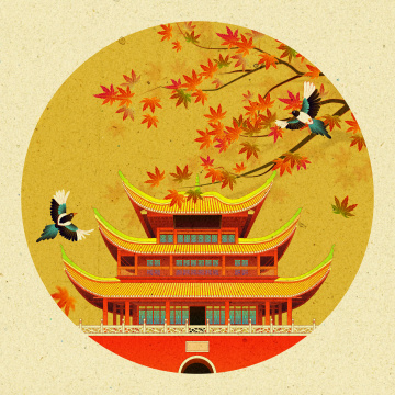 秋天枫叶喜鹊岳阳楼中国风插画