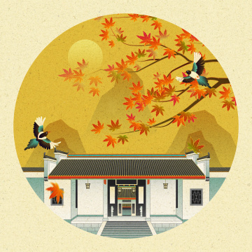 长沙岳麓书院秋天枫叶喜鹊中国风插画