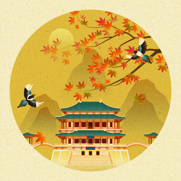 西安大唐芙蓉园秋天枫叶喜鹊中国风插画