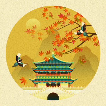 西安钟楼秋天枫叶喜鹊中国风插画