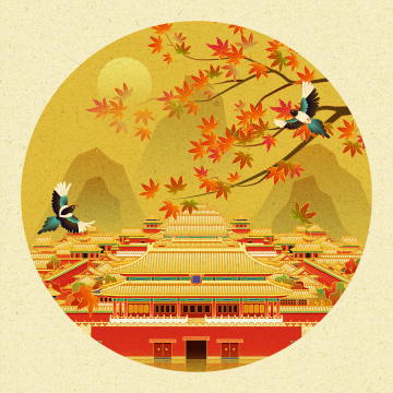北京故宫秋天枫叶喜鹊中国风插画