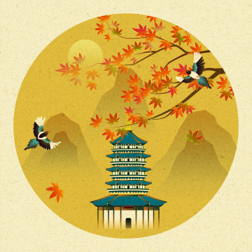 杭州雷峰塔秋天枫叶喜鹊中国风插画