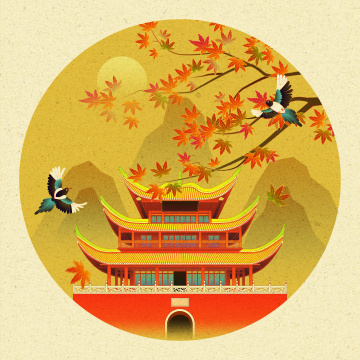秋天枫叶喜鹊岳阳楼中国风插画