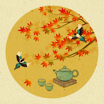 枫叶茶壶喜鹊秋天风景中国风插画