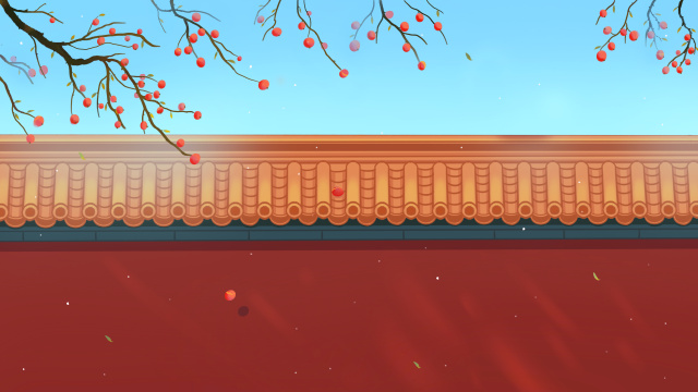 唯美故宫柿子树中国风手绘插画