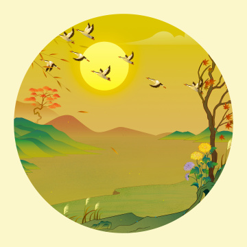 秋天枫树菊花大雁鸿雁国风插画