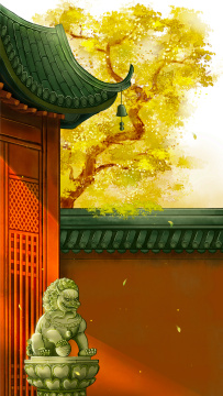 古建筑秋天风景中国风手绘插画