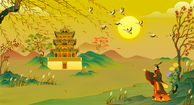 山西万荣县秋风楼秋天国潮插画