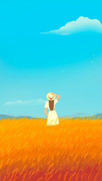 秋天风中稻田里女孩手绘插画