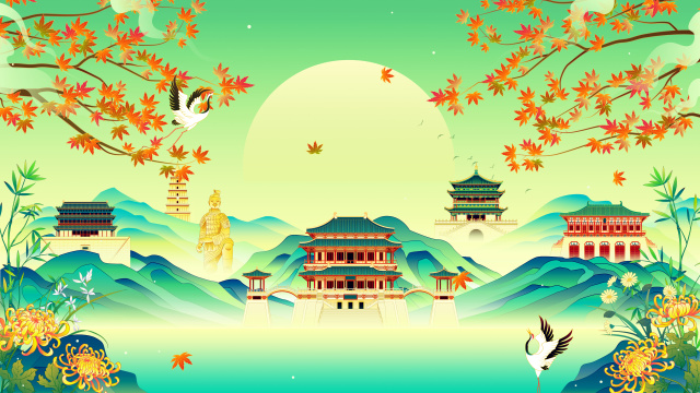 西安古风建筑秋天风景国潮插画