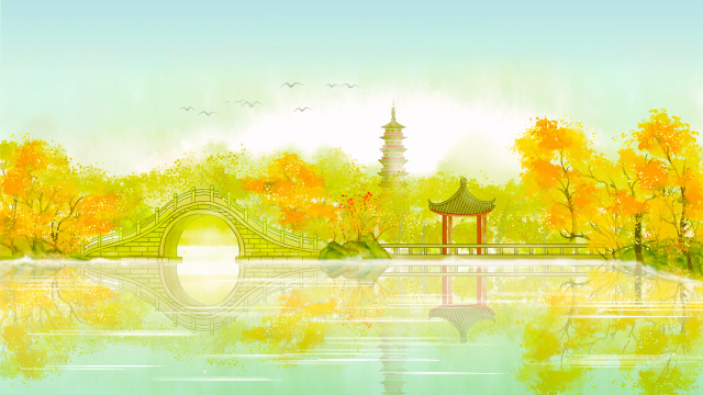 扬州秋天风景中国风插画