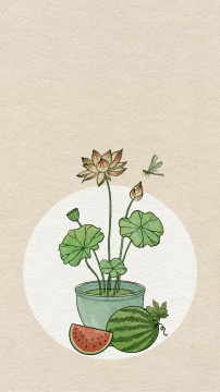 荷花西瓜夏日国风水墨插画