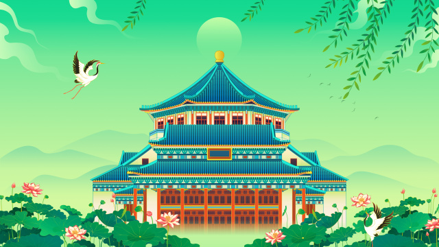 夏天广州中山纪念堂荷塘国潮插画