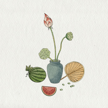 夏日荷花莲蓬莲子西瓜蒲扇水墨画