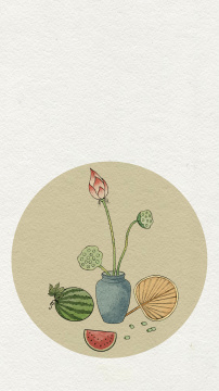 夏日荷花莲蓬莲子西瓜蒲扇水墨画