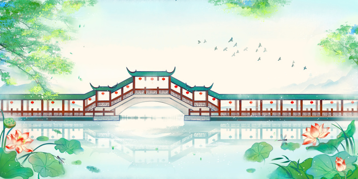 中国风唯美荷花古建筑手绘插画